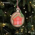 Round wooden Christmas ornament with red house design and white hanging rope - Christmas House
