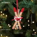Red wooden ski-shaped Christmas tree ornament with white fur trim and bells - Skis Shape (APYX549-8)
