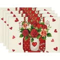 Set of 4 linen placemats with romantic red roses and love hearts for Valentine table decor - Linen / Rose Vase Heart Style (22)