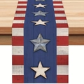 Detail of American flag table runner with rustic wood grain stars on blue linen fabric - Red White Stripes Blue Wood Grain Stars (10) / 33x183cm