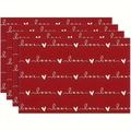 Set of 4 red linen Valentine's Day placemats with white love and heart patterns - Linen / Dark Red Love Heart Wave (23)