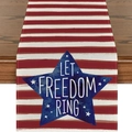 Close-up of linen table runner with Let Freedom Ring text and blue star on wood - Red White Stripes Blue Star Let Freedom Ring (12) / 33x183cm