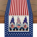 Detail of linen table runner with patriotic gnomes and red white blue American flag motifs - Tricolor Gnomes Holding Flag Stars (13) / 33x183cm