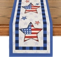 Close-up of linen USA flag table runner with blue checkered edges and patriotic stars - Blue Stars Checkerboard (2)