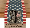 Detail of linen table runner with military boots, USA flag and Freedom text on wood - Military Boots Freedom (3)