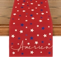 Detail of linen table runner with red fabric, blue stars, and America script - 33*183cm / Red Stars America (6)