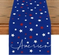Macro shot of American Independence Day linen table runner with stars on wooden surface - 33*183cm / Dark Blue Stars America (7)