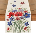 Close-up of linen table runner with watercolor floral patterns on a dark wooden table - 33*183cm / Watercolor Flowers (8)