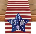 Close-up of linen table runner with red stripes and blue star Let Freedom Ring print - 33*183cm / Stripes & Freedom Bell (9)