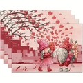 Set of 4 linen placemats featuring Valentine heart and gnome floral illustrations - Linen / Pink Gnome City Style (27)