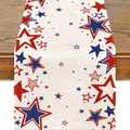 Close-up of linen table runner with red, white, and blue stars on a wooden surface - 33*183cm / All-over Stars (10)