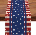 Close-up of linen table runner with red and blue star patterns on dark wood surface - 33*183cm / Stars & Stripes Combo (11)