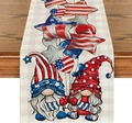 Detail of linen table runner with Independence Day gnome print on a dark wooden table - 33*183cm / Stars Stripes Gnomes (13)