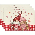 Set of 4 linen placemats with Valentine's Gnomes and red hearts for dining decor - Linen / Gnome Couple Love Style (24)