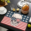 Detail shot of a black skull linen placemat with American flag design on a dining table - Skull with Stars and Stripes Sunglasses (Style 10)