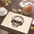 Detail of linen placemat with skull wearing headphones design in a dining setting - Headphones and Sunglasses Skull (Style 4)