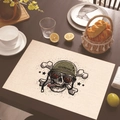 Detail of a skull printed linen placemat with a vintage helmet on a dark wooden table - 45x30cm / LEGENDARY Military Helmet Skull (Style 6)