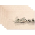 Set of 4 placemats with watercolor forest and lake landscape on beige woven texture - Ink Wash Forest Landscape Style (款式1)