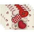 Set of 4 linen placemats with heart patterns and red checkered designs for table decor - Linen / Buttons Frill Multi Hearts (26)