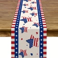 Independence Day linen table runner with red white stripes and stars on wooden table - Flag Elements Patchwork Red Blue Hearts (3) / 33x183cm