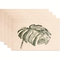Set of 4 placemats with green tropical monstera leaf prints on beige linen texture - Monstera Leaf Style (款式2)