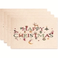Lot de 4 sets de table Joyeux Noël avec renne et Père Noël sur tissu en lin de couleur beige - Style 3