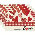 Set of 4 linen Valentine's Day placemats with red hearts and love pattern design - Linen / Plaid Ribbon Red Heart Love (29)