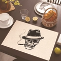Set de table en lin avec motif tête de mort noire pour décoration de table - Chapeau Haut de Forme et Crâne de Cigare (Style 3)