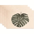 Set of 4 cream-white woven placemats with minimalist dark green monstera leaf patterns - Large Monstera Leaf Style (款式5)