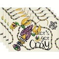 Set of 4 Mardi Gras placemats with 'Let's get Cray' print and festive mask patterns - Linen / Puns Lobster Design Style (10)