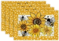 Set of four sunflower and honeybee placemats with yellow polka dot borders on fabric - Linen / Yellow Border Sunflower Bee (1)