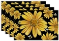 Close-up of four rectangular placemats with yellow daisies and cartoon bees patterns - Linen / Black Background Sunflower Bee (2)