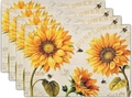 Detail view of four-piece sunflower and honeybee placemats with vintage linen texture - Linen / Vintage Sunflowers Text (4)