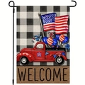 Double-sided linen garden flag with vintage red truck and American flag welcome design - Linen / Vintage Truck Welcome Plaid Style (12)