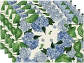 Détail du lot de 4 sets de table en lin avec motifs d'hortensias bleus et feuilles - Motif Hortensia Bleu-Lin(1)