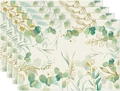 Detail of four eucalyptus leaf placemats with watercolor green and gold vein texture - Fresh Eucalyptus Pattern-Linen(6)