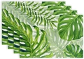 Detail of four tropical palm leaf placemats showing durable linen texture and stitched edges - Tropical Leaves Monstera-Linen(7)