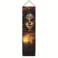 Détail d'une tenture murale Jour des Morts avec motif tête de mort et glands noirs en bas - Femme avec Maquillage de Squelette et Bougie Allumée (Style 5)