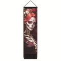 Détail de la tapisserie Jour des Morts avec femme aux cheveux rouges, maquillage crâne et franges - Crâne à Cheveux Rouge Sombre et Rose (Style-6)