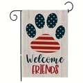 Independence Day garden flag with patriotic paw print design and black metal stand - Linen / American Flag Paw Print Style (14)