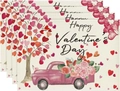 Set of 4 linen Valentine's Day placemats with pink heart tree and vintage truck pattern - Linen / Pink Pickup Heart Tree Happy Valentine Style (13)