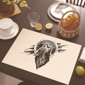Linen placemat with howling wolf art print on a rustic dark wooden dining table - Wolf Howling Moon Illustration (Style 7)