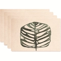 Set of 4 placemats with tropical green leaves on beige linen texture fabric - Dark Green Broadleaf Style (款式9)