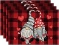 Set of 4 Buffalo Plaid Linen Placemats with Romantic Gnome Heart Design for Valentines - Linen / Red Black Plaid Gnome Couple Style (14)
