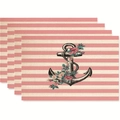 Set of 4 linen placemats with pink stripes, floral anchor print for home dining decor - Floral Anchor / Striped Background (Style 2) / 45x30cm