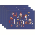 Set of 4 navy blue Christmas placemats featuring snowmen and holiday tree designs - Style 9