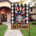 Patriotic gnome garden flag with Welcome text for US Independence Day outdoor decor - Linen / Welcome Gnome Buffalo Plaid Style (16)
