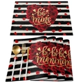 Linen placemat with black and white stripes and red rose heart pattern with be mine text - Linen / Black White Striped Rose Heart Be Mine (31)