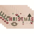 Set of 4 beige woven Christmas placemats with festive holiday wreath lettering - Style 10