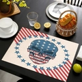 Linen placemat featuring a skull with US flag pattern on a dark wooden table setup - Stars and Stripes Skull (Style 9)
